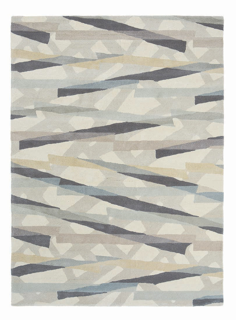 grey wool rug with abstract design in cream, taupe and grey