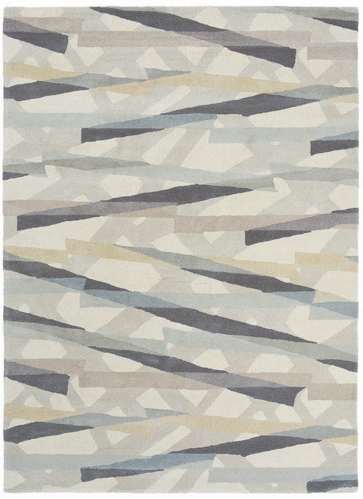 grey wool rug with abstract design in cream, taupe and grey