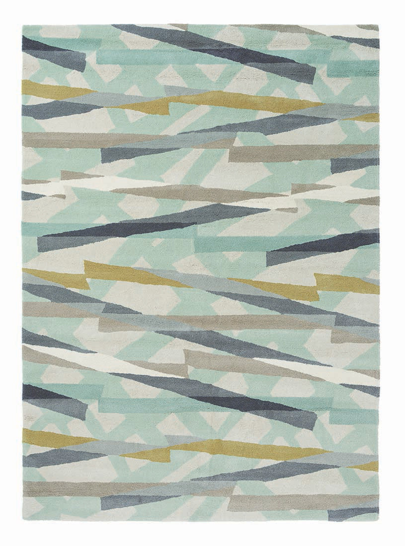 mint green wool rug with abstract design in mustard, grey and taupe