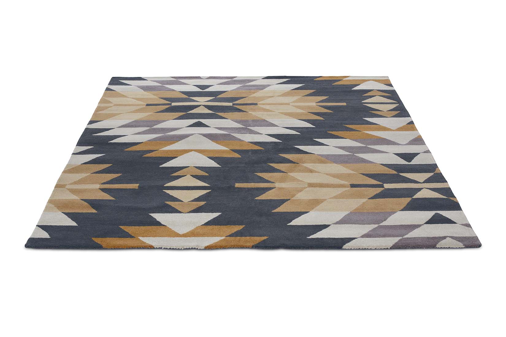 Modern geometric rug in shades of blue, grey, and brown