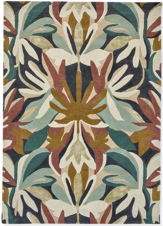 modern wool damask rug in green, red, cream and gold
