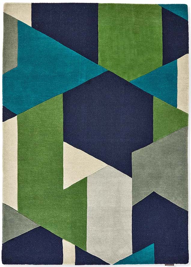 abstract wool rug in green, blue and grey
