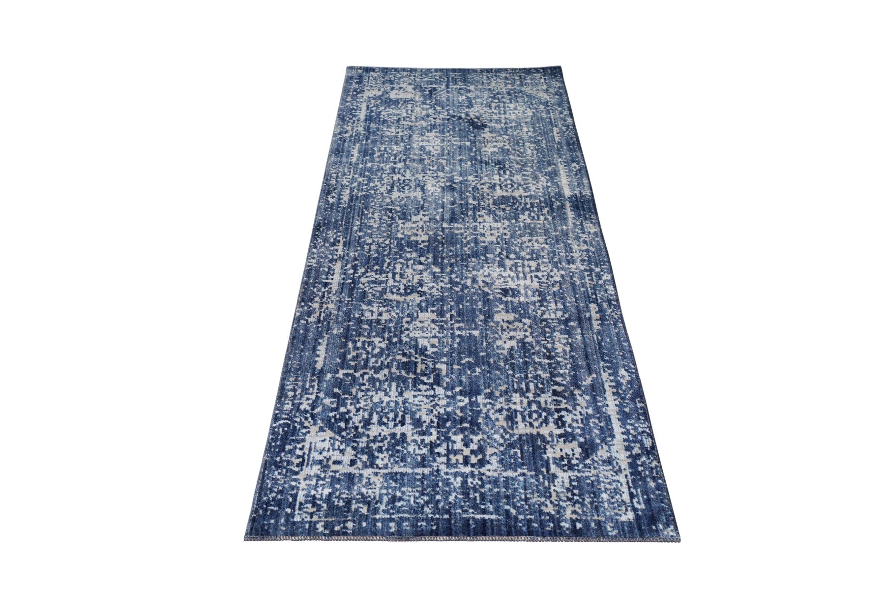 Persian style hallway runner in navy and grey