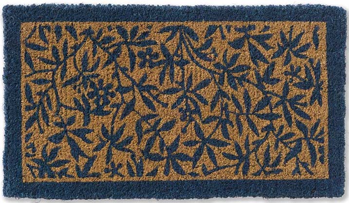 Coir doormat with blue floral pattern
