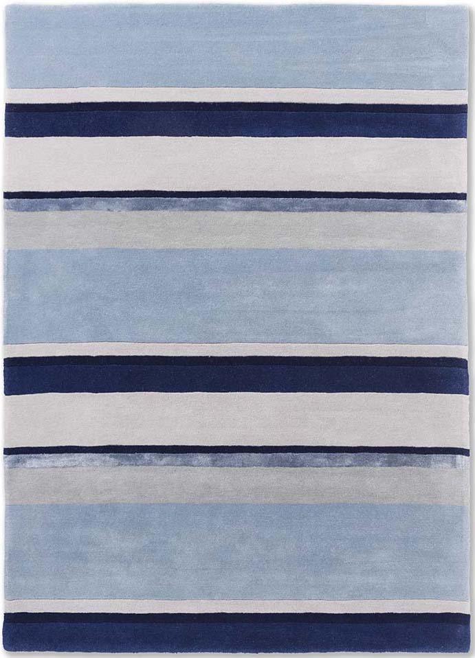 Simple blue, grey and white stripe wool rug
