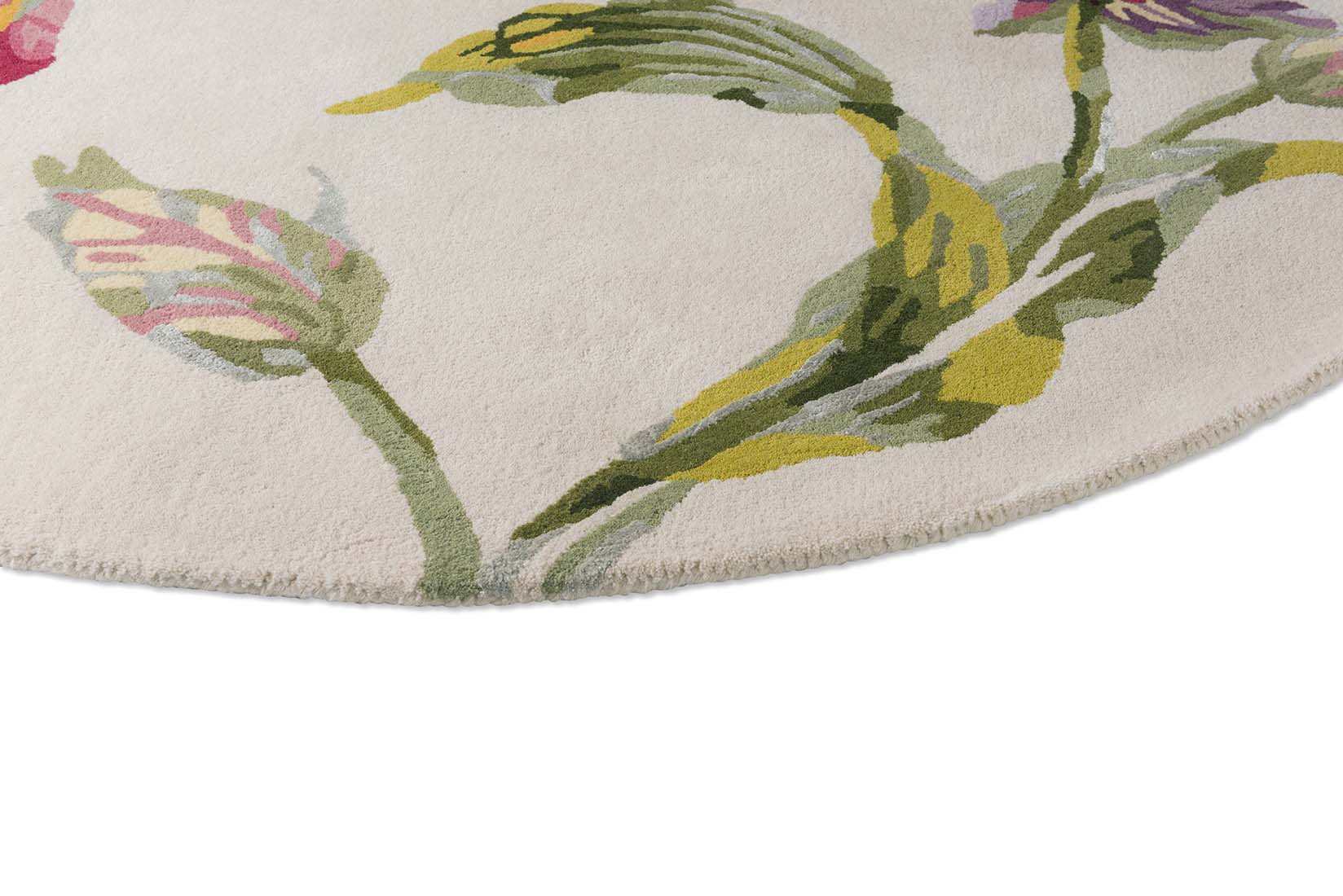 Cream wool and viscose circular rug with tulip design
