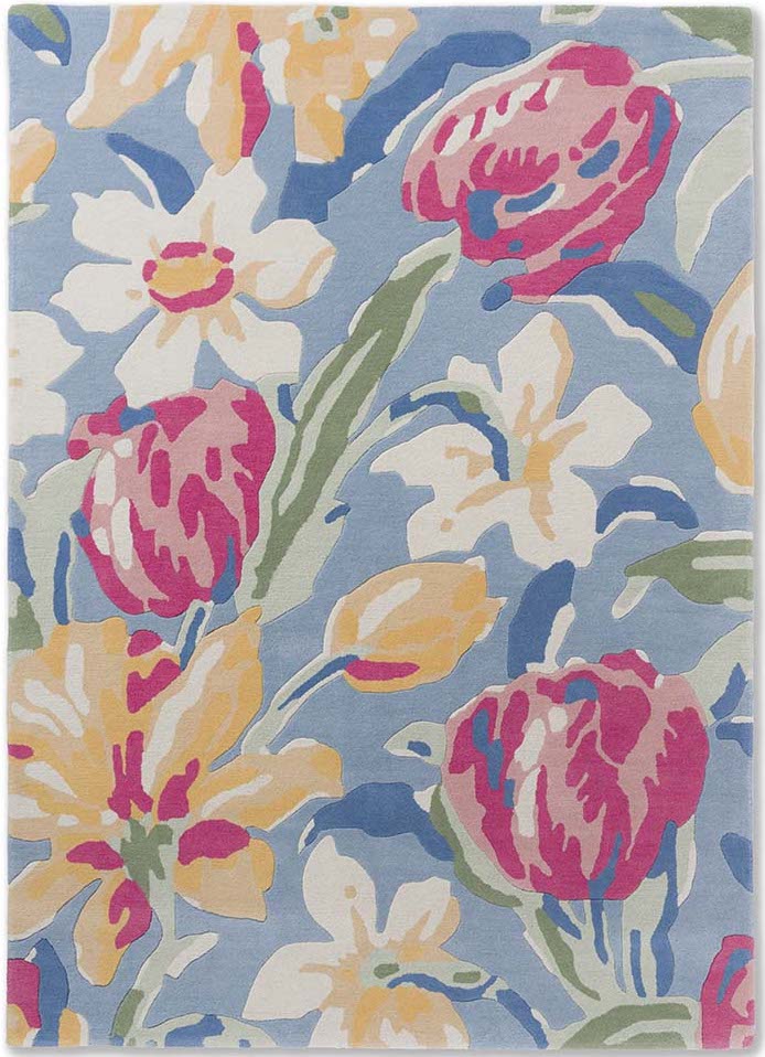Blue wool rug with tulips and daffodils
