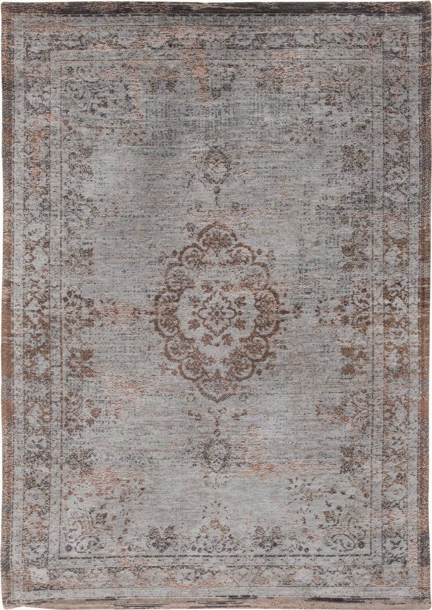 Grey and brown flatweave rug with faded persian medallion pattern