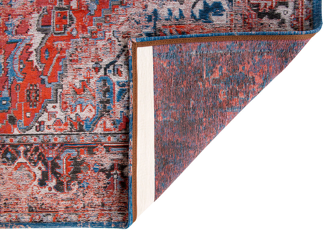 Red flatweave rug with Persian design and blue details