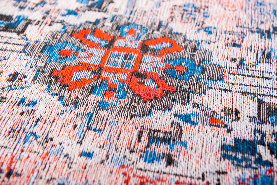 Red flatweave rug with Persian design and blue details
