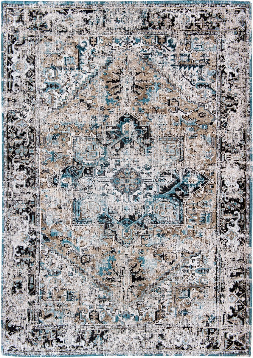 Gold flatweave rug with persian design and blue details