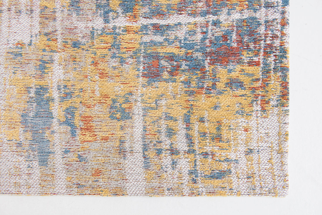 Flatweave rug with abstract stripe design in grey, beige, yellow, red and blue