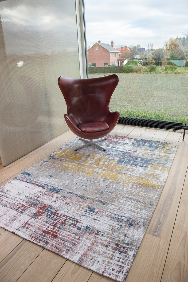 Flatweave rug with abstract stripe design in grey, beige, yellow, red and blue
