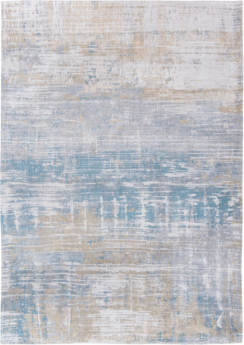 Flatweave rug with abstract stripe design in blue, grey and beige