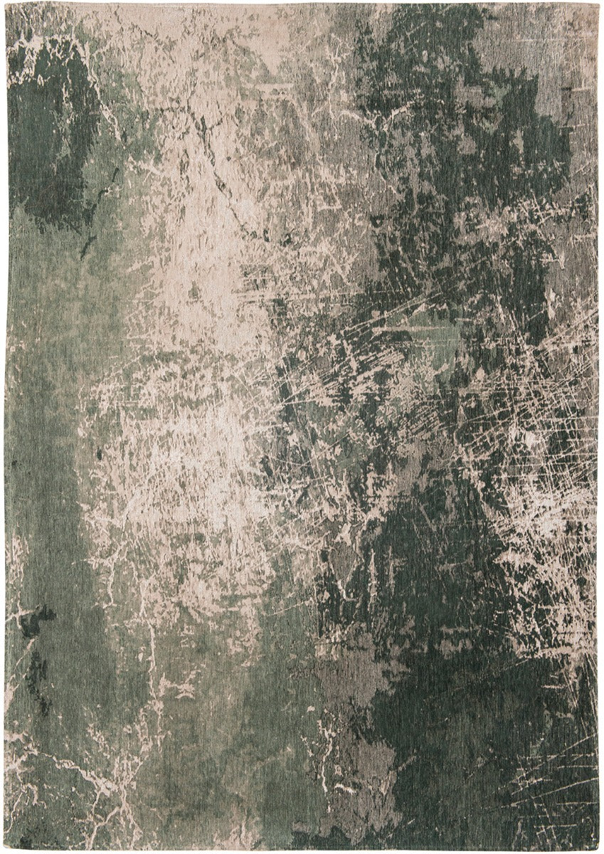 Flatweave rug with faded jagged abstract design in grey and green