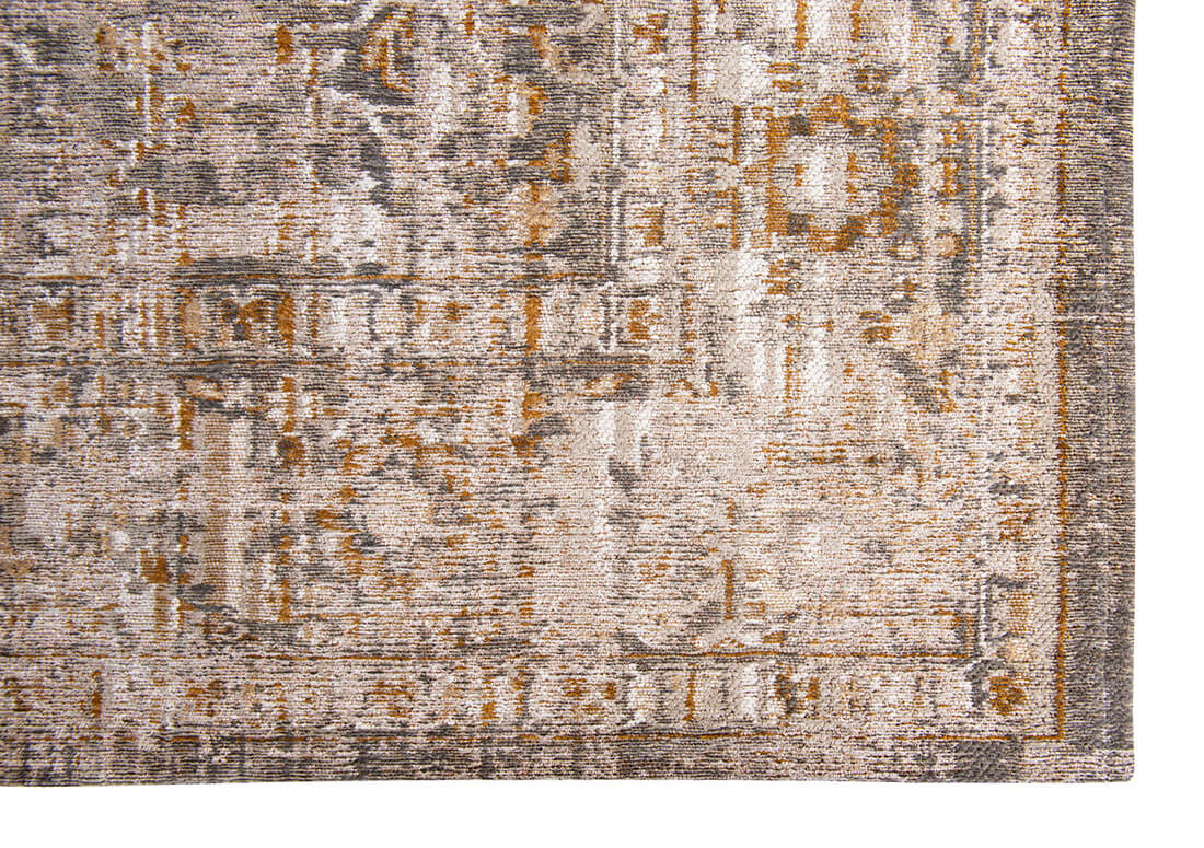 Distressed beige rug with turkish floral medallions and border in gold and grey