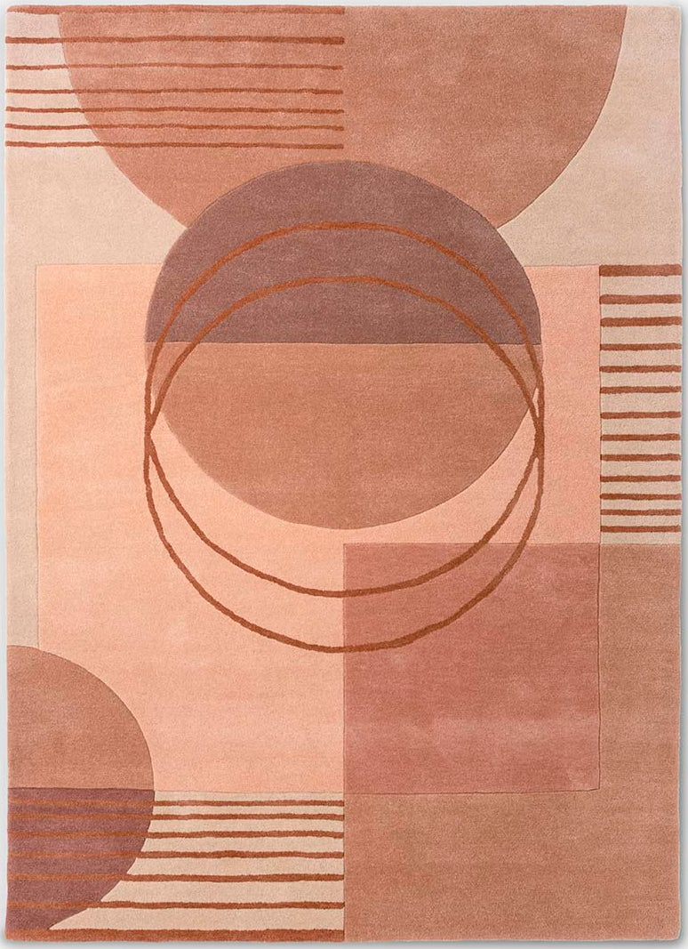pink wool area rug with modern geometric design 
