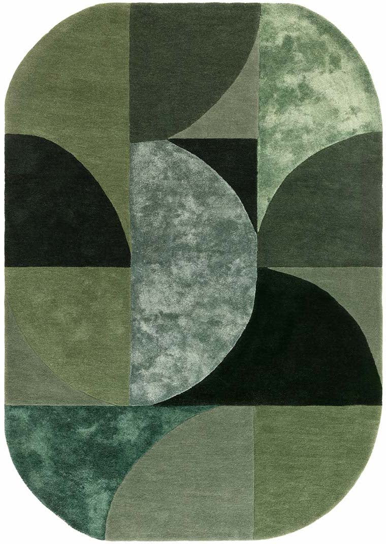 wool and viscose modern oval rug with geometric shapes in green and black

