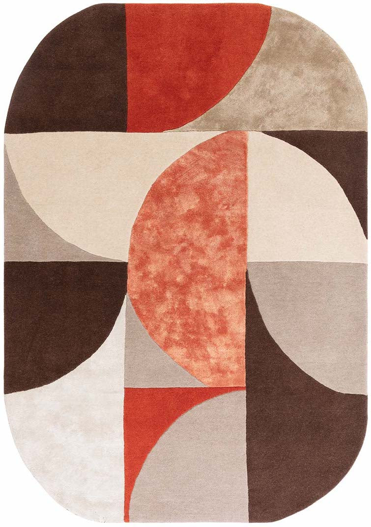 wool and viscose modern oval rug with geometric shapes in red, orange, brown, beige and grey.
