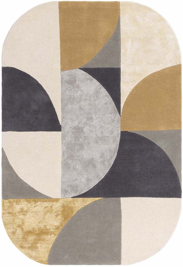 wool and viscose modern oval rug with geometric shapes in grey, black, yellow and beige.
