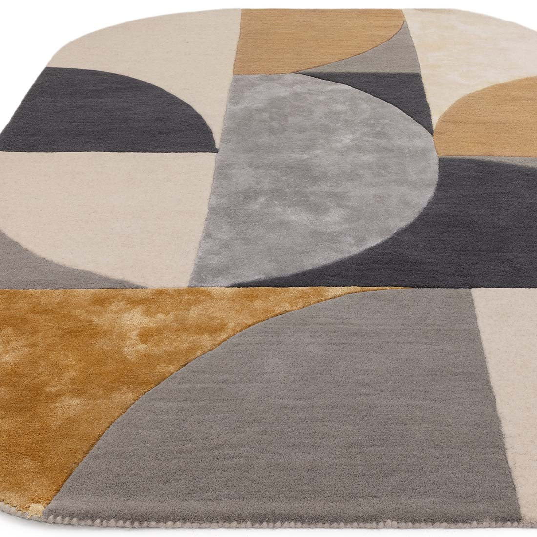 wool and viscose modern oval rug with geometric shapes in grey