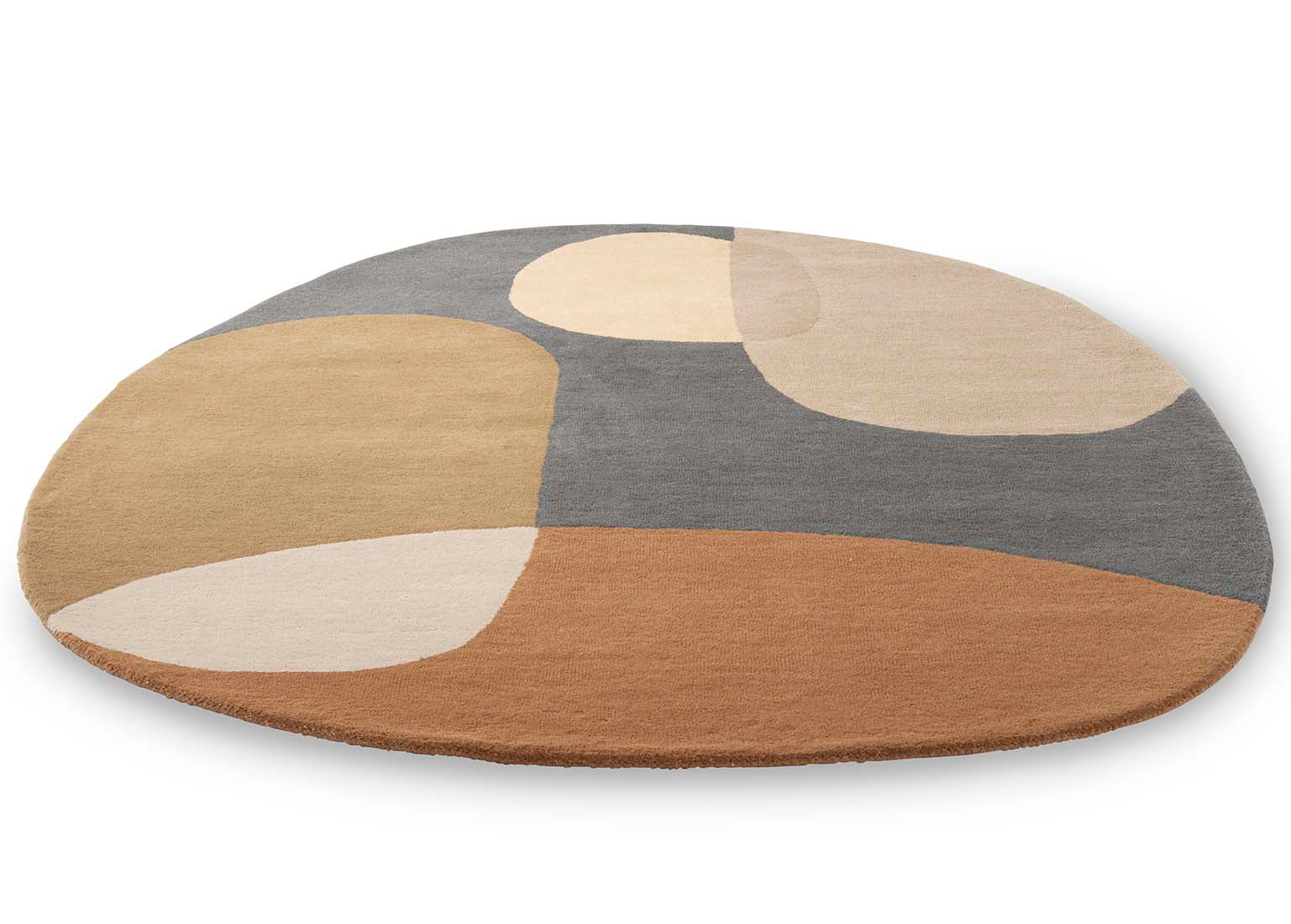 multicolour oval shaped wool rug with abstract design 
