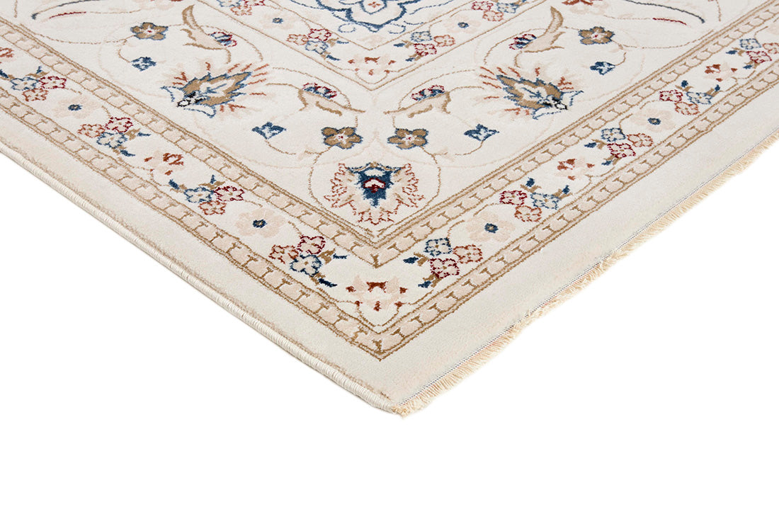 Traditional Persian Nain style rug. White with a detailed medallion pattern and border.
