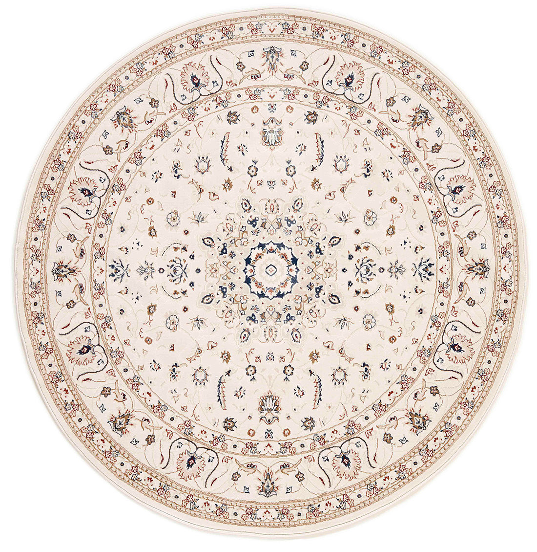 Traditional Persian Nain style round rug. White with a detailed medallion pattern and border.
