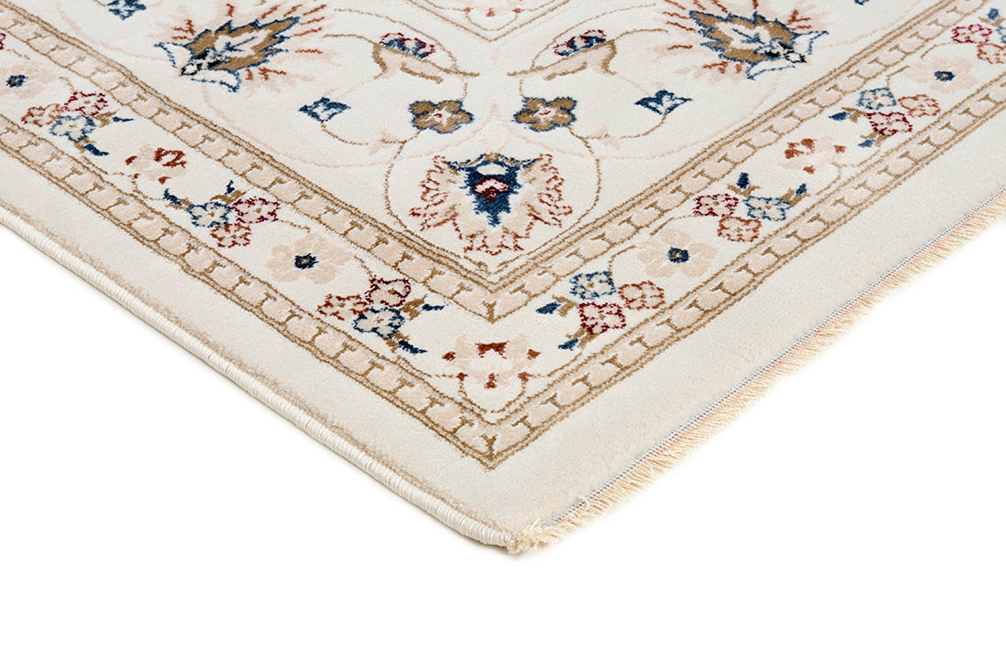 Traditional Persian Nain style rug. White with a border and a black medallion pattern.
