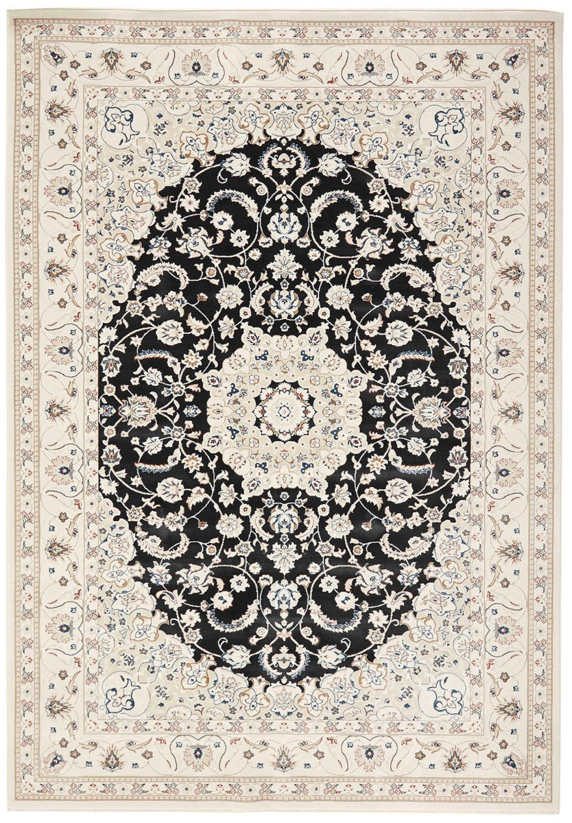 Traditional Persian Nain style rug. White with a border and a black medallion pattern.
