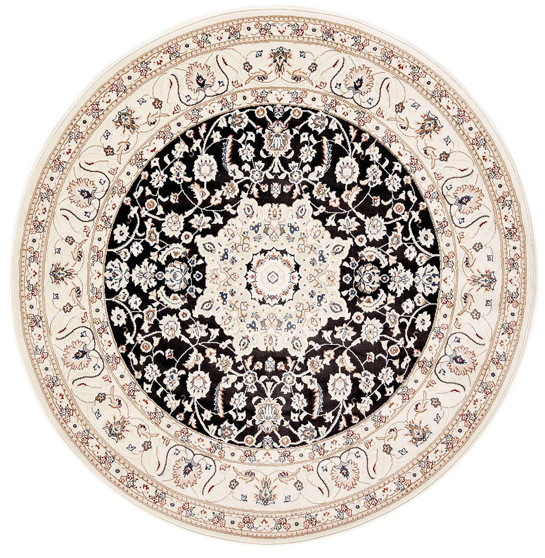 Traditional Persian Nain style round rug. White with a border and a black medallion pattern.
