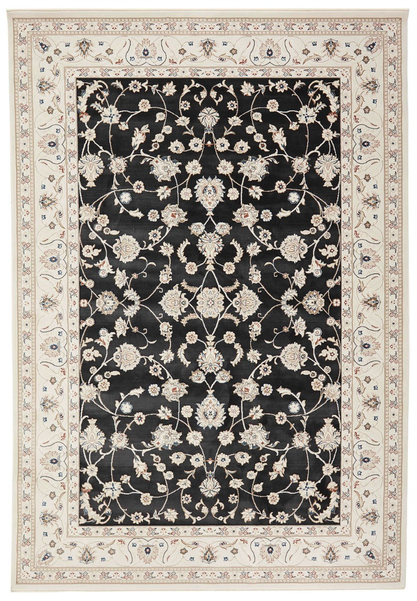 Traditional Persian Nain style rug. Detailed black pattern with a white border.
