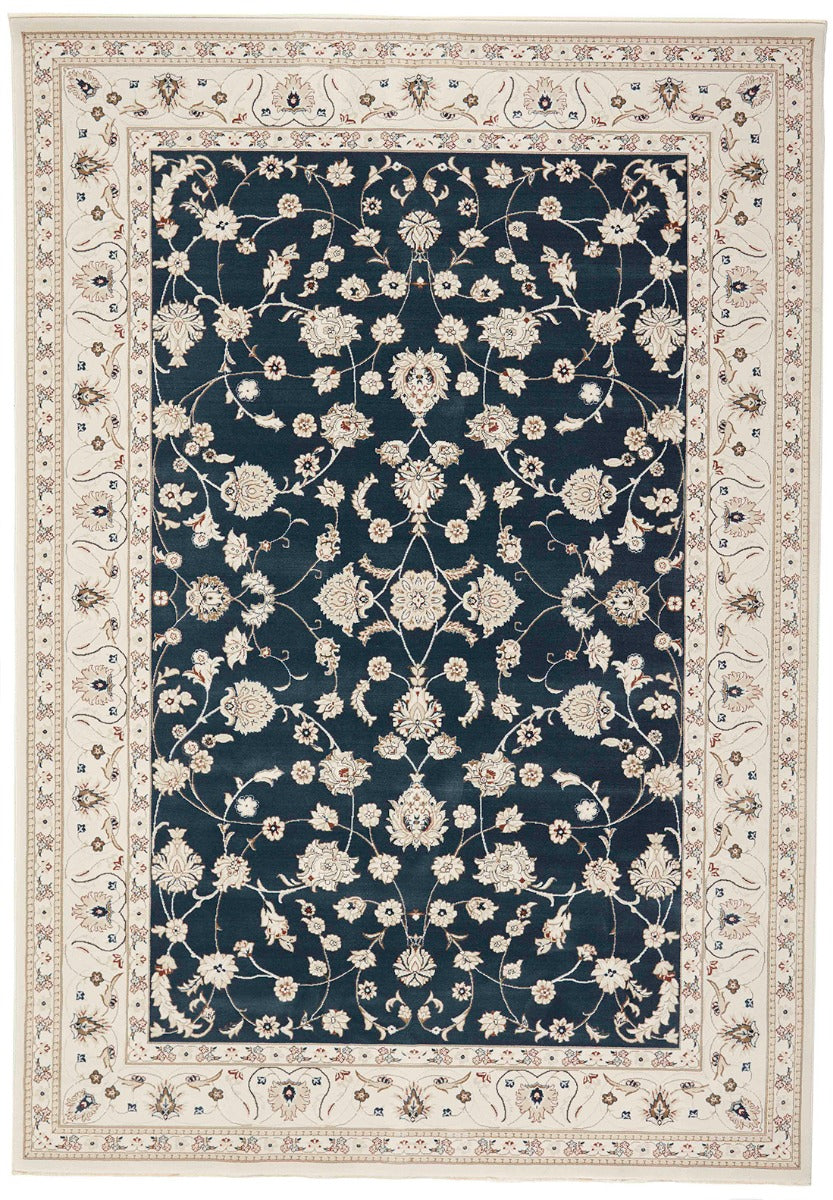 Traditional Persian Nain style runner. Detailed navy pattern with a white border.
