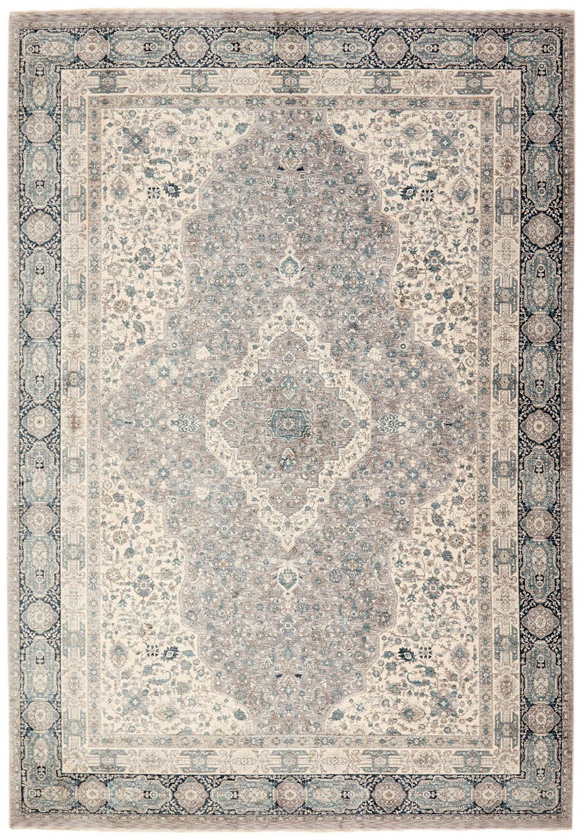 Traditional style rug with beige backing and jade patterned border design
