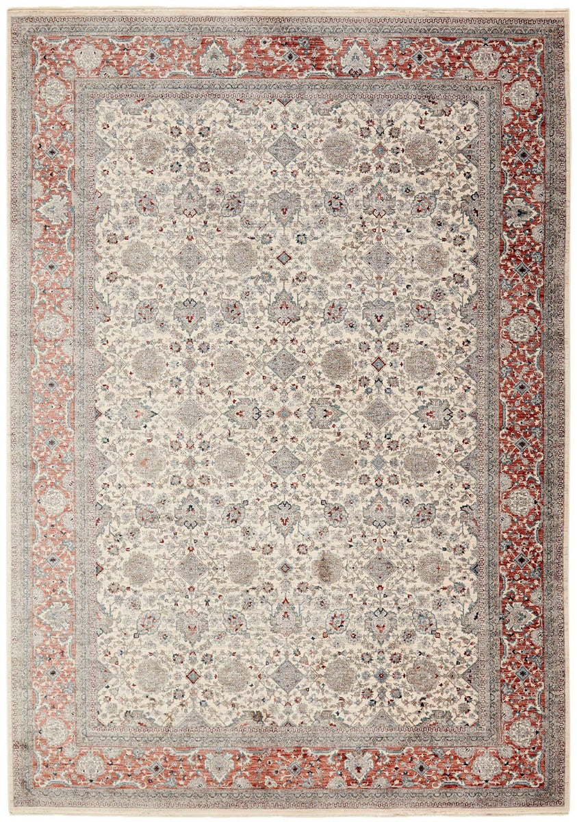 Traditional style rug with cream backing and red patterned border design
