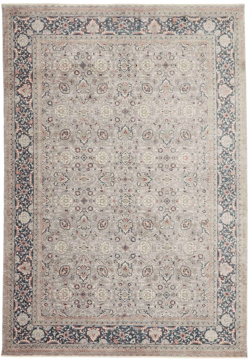 Traditional style rug with grey backing and patterned border design
