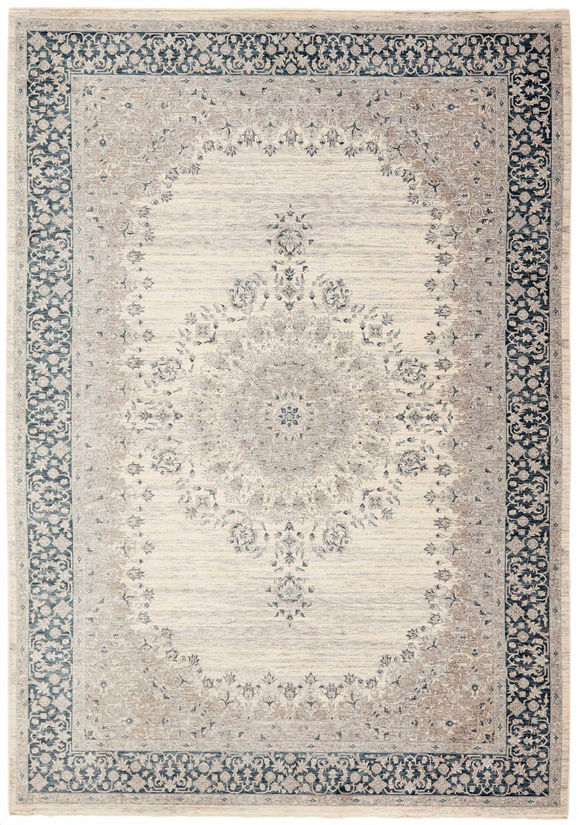 Traditional style rug with cream backing and green patterned border design

