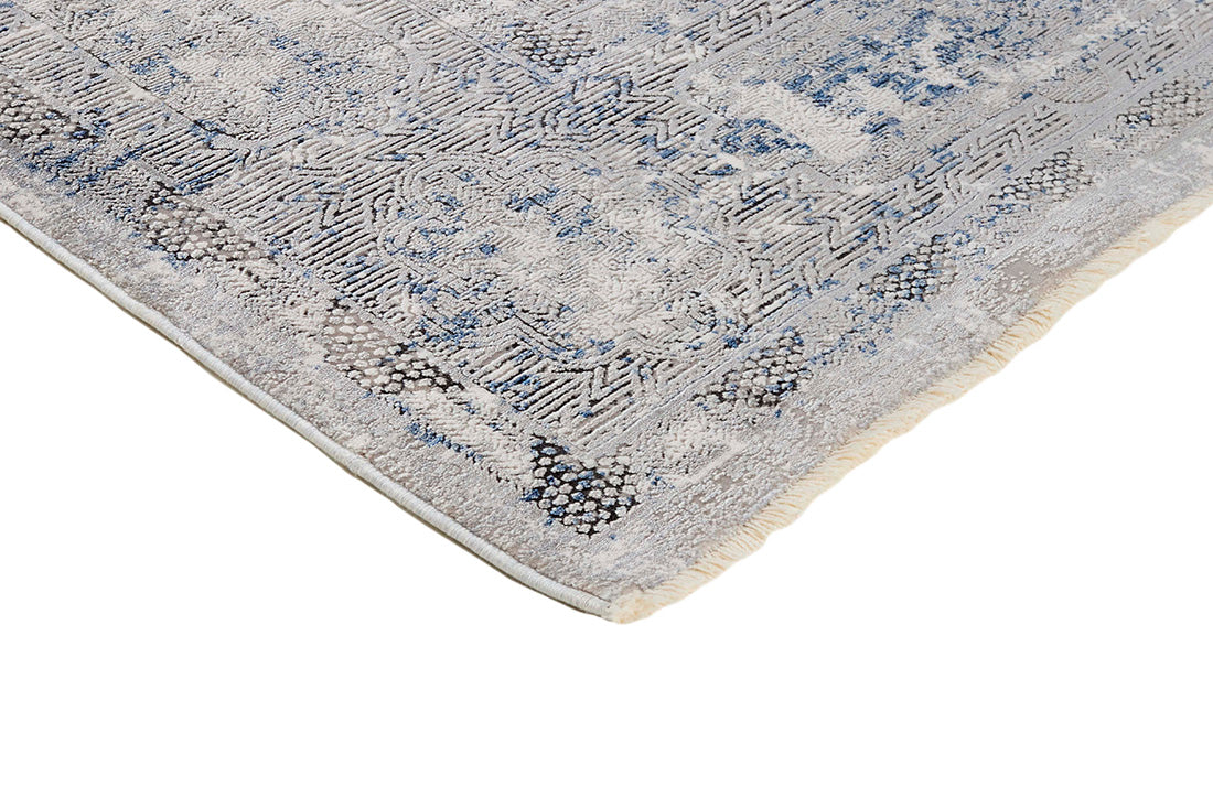 Grey rectangle rug with abstract pattern and classic bordered design
