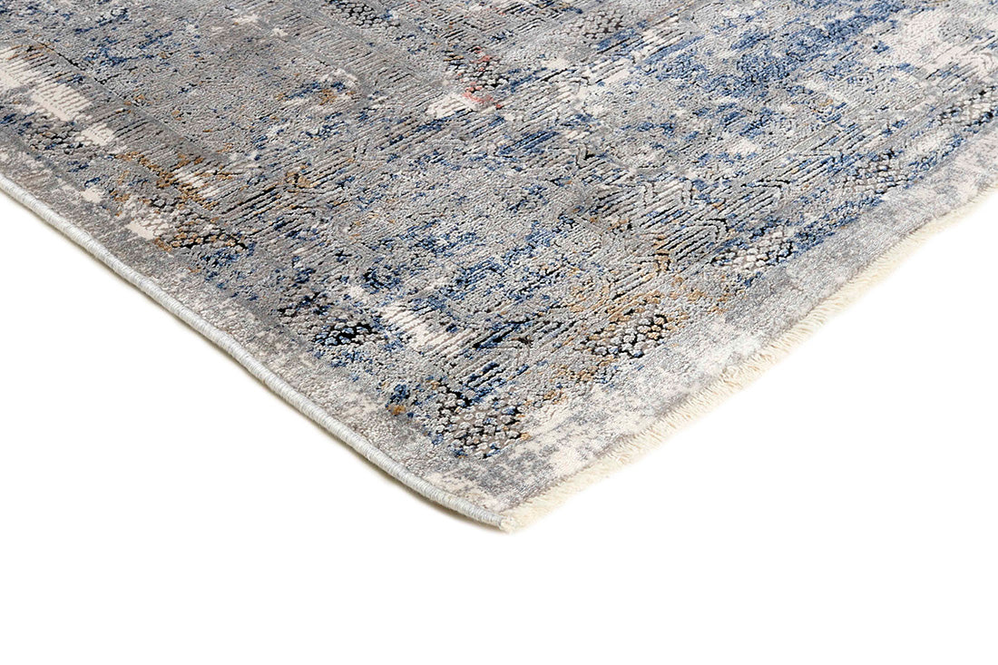 Grey rectangle rug with abstract pattern and classic bordered design
