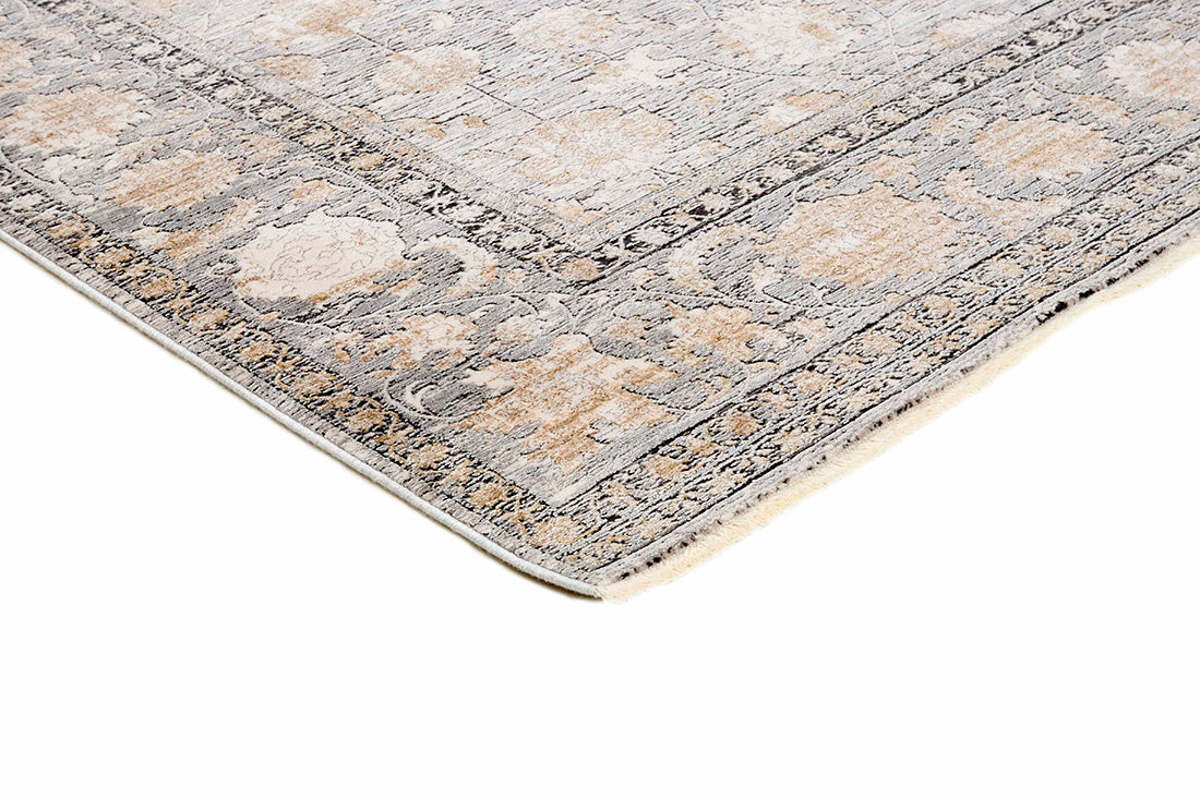 Grey rectangle rug with abstract pattern and classic bordered design
