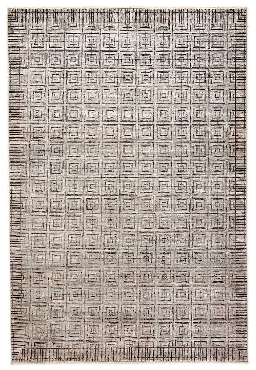 Grey rectangle rug with abstract pattern and classic bordered design
