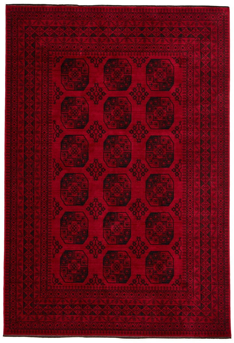Printed Persian style red rug with black print 
