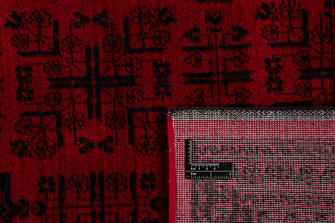 Printed Persian style red rug with black print 
