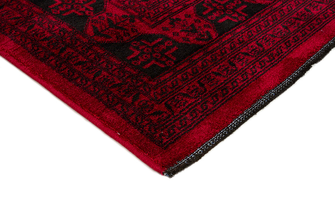 Printed Persian style red rug with black print 
