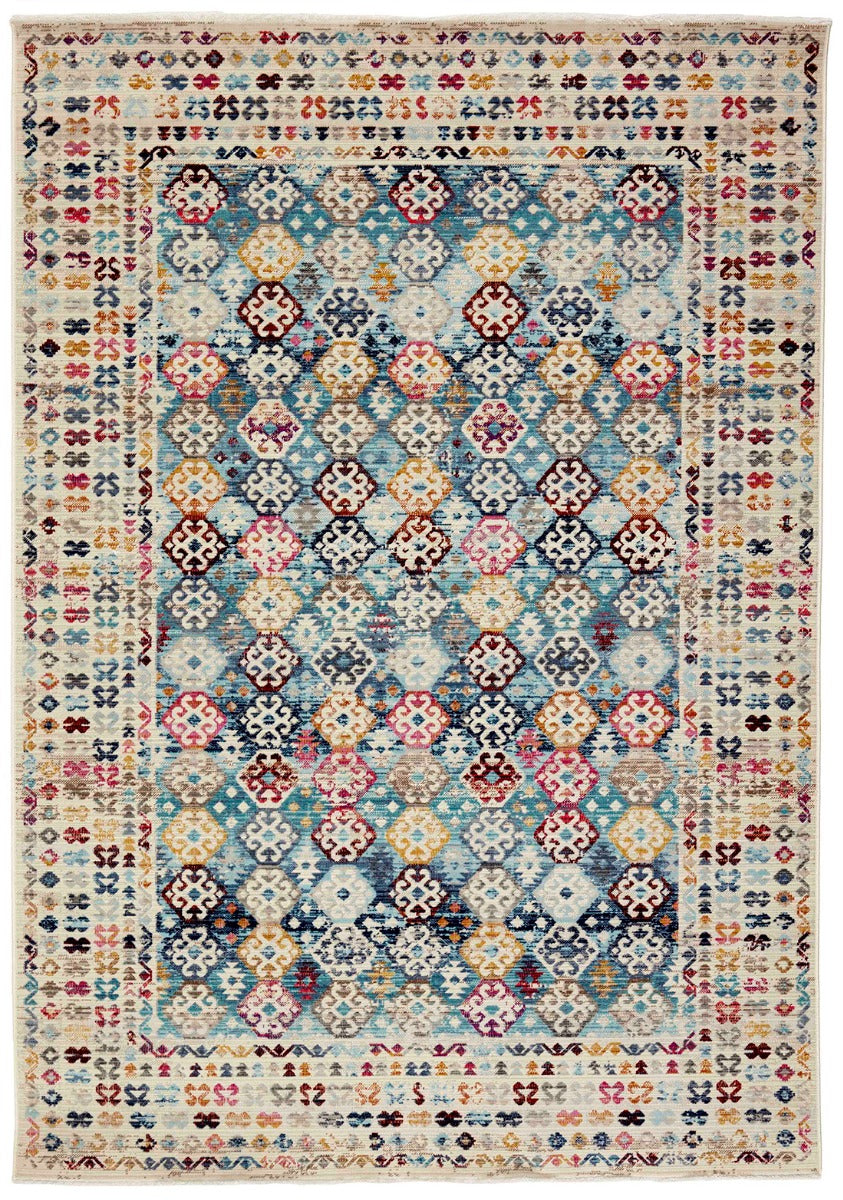 Traditional style Kilim rug with white background and multicolour pattern
