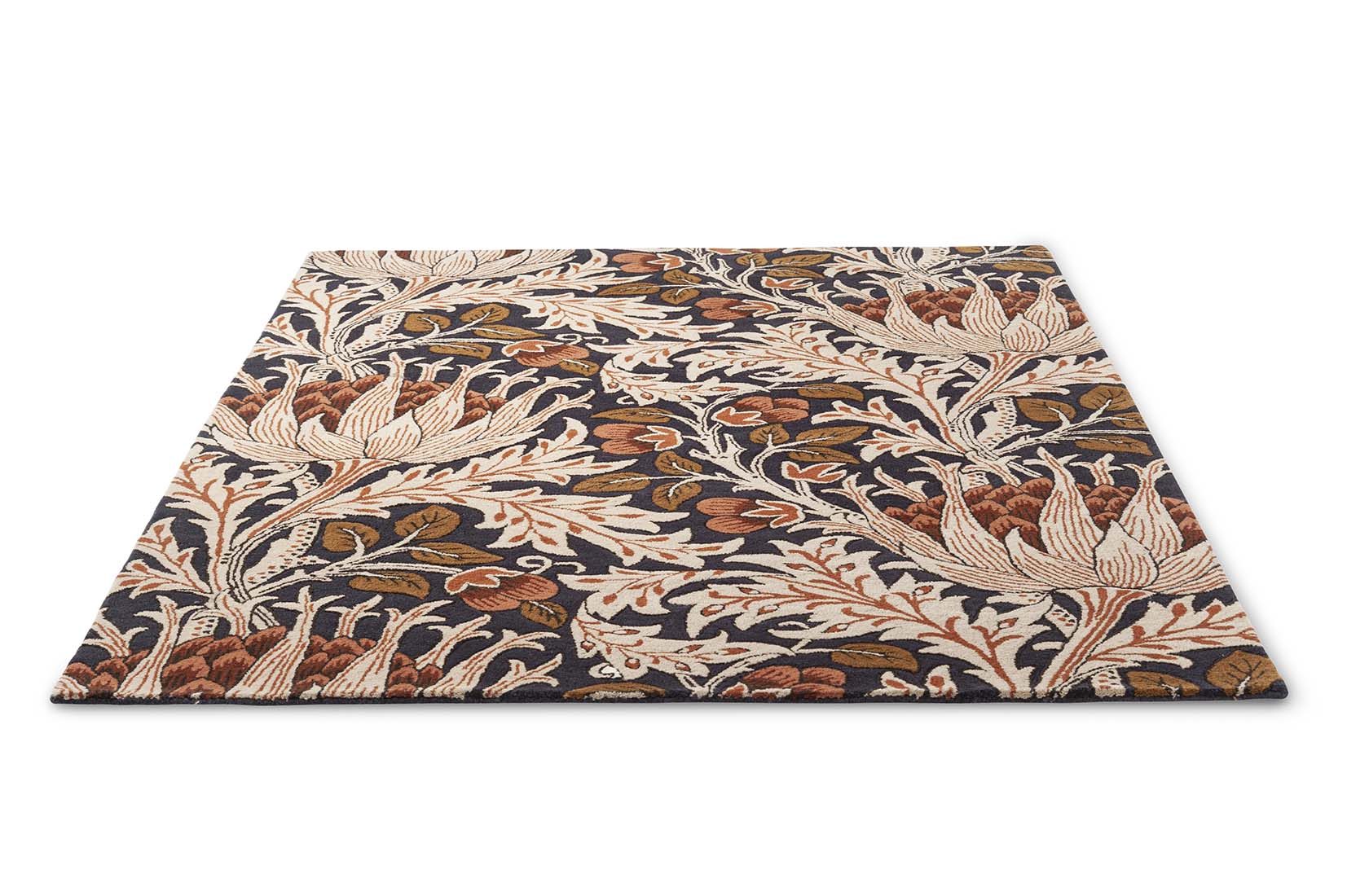 charcoal and orange wool rug with floral print
