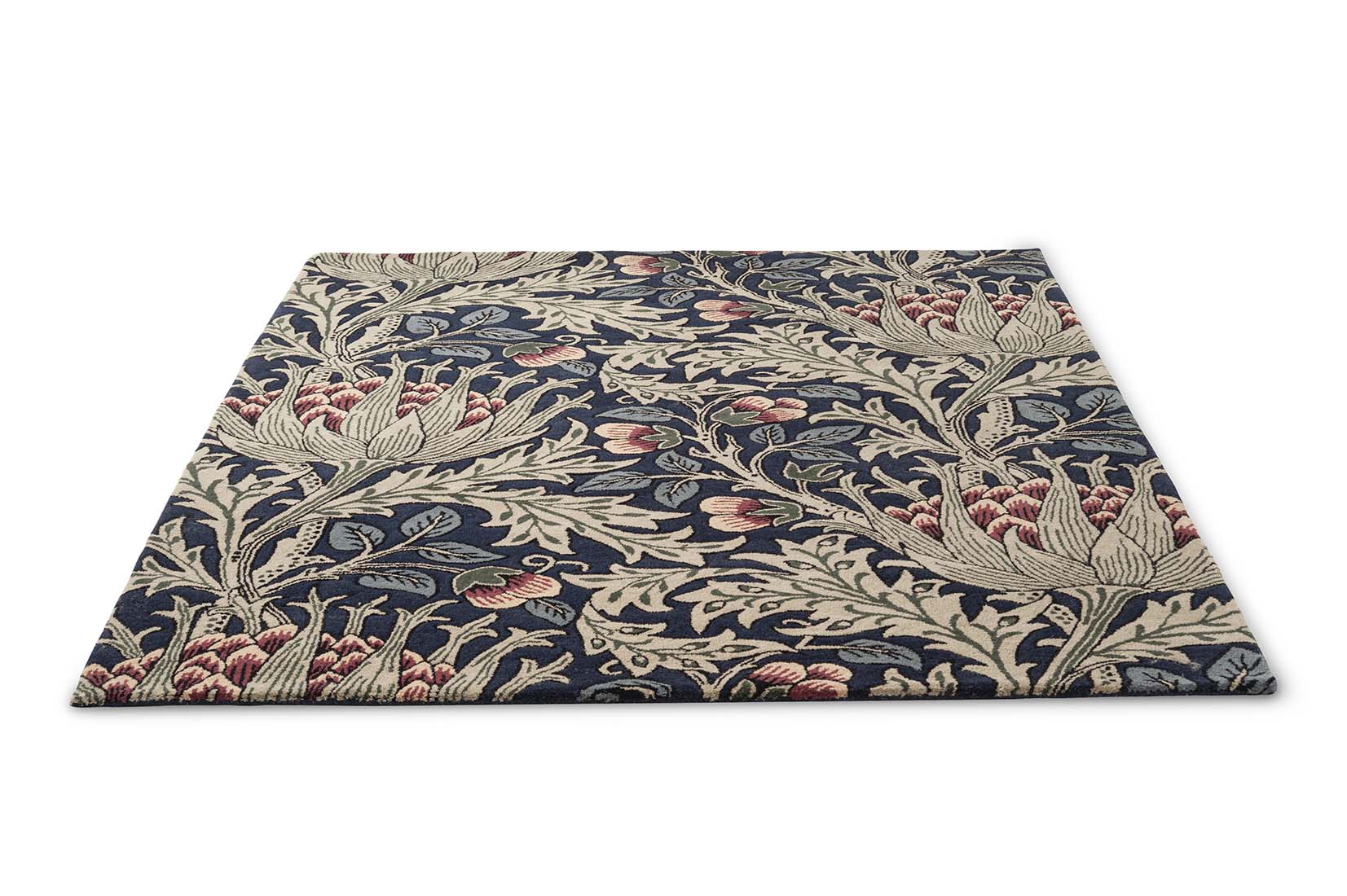blue and red wool rug with floral print
