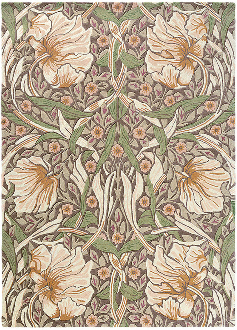 Wool rug with floral and foliage design in cream, peach, aubergine and green
