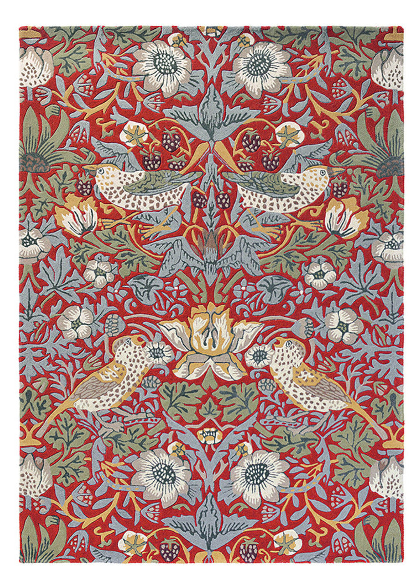 Wool rug with floral bird design in red, blue and green