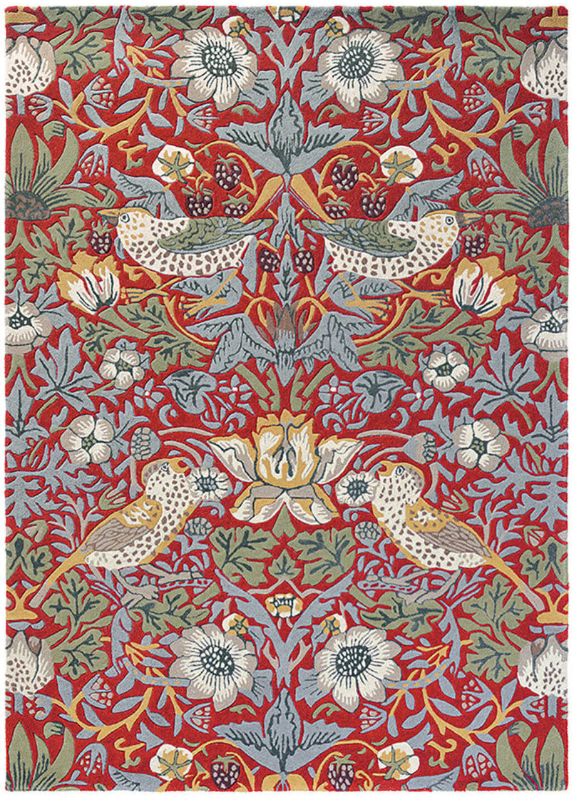 Wool rug with floral bird design in red, blue and green